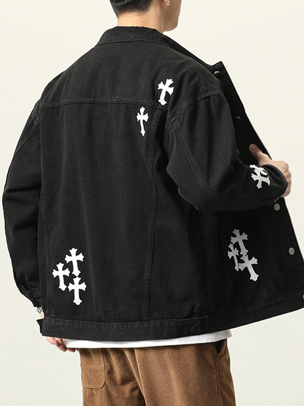 Chaqueta vaquera vintage con estampado de cruces para hombre-2