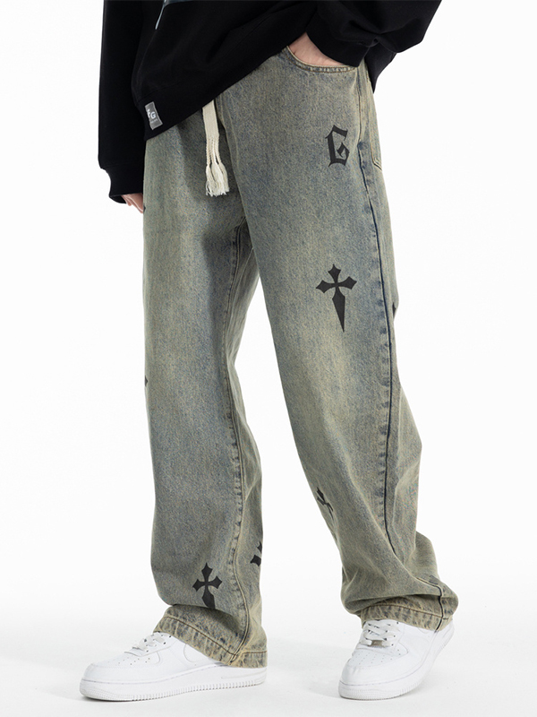 Pantalones de pierna recta con cordón y estampado cruzado desgastado para hombre-2