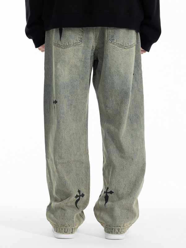 Pantalones de pierna recta con cordón y estampado cruzado desgastado para hombre-3
