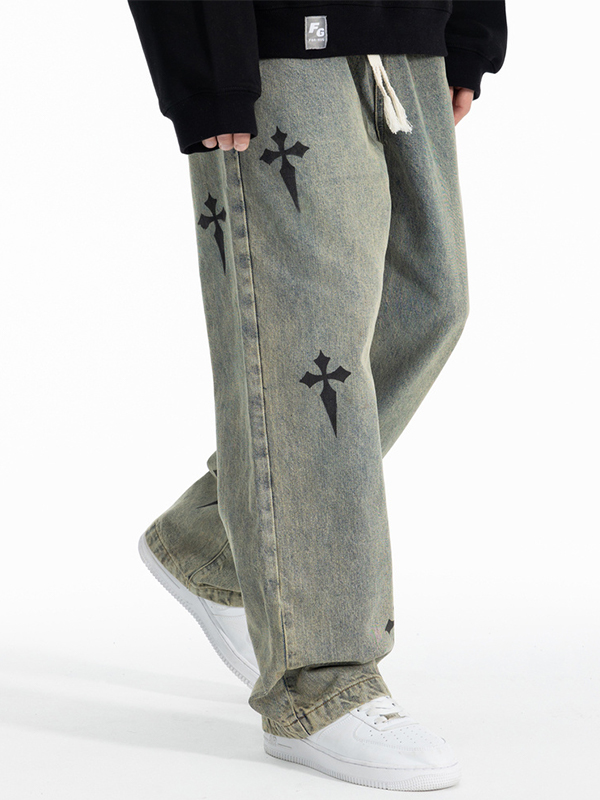 Pantalones de pierna recta con cordón y estampado cruzado desgastado para hombre-1