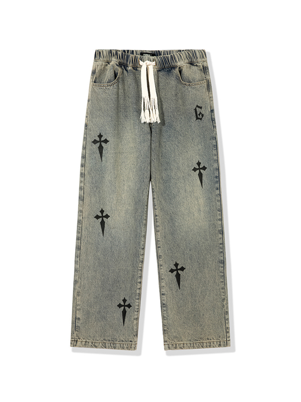 Pantalones de pierna recta con cordón y estampado cruzado desgastado para hombre-4