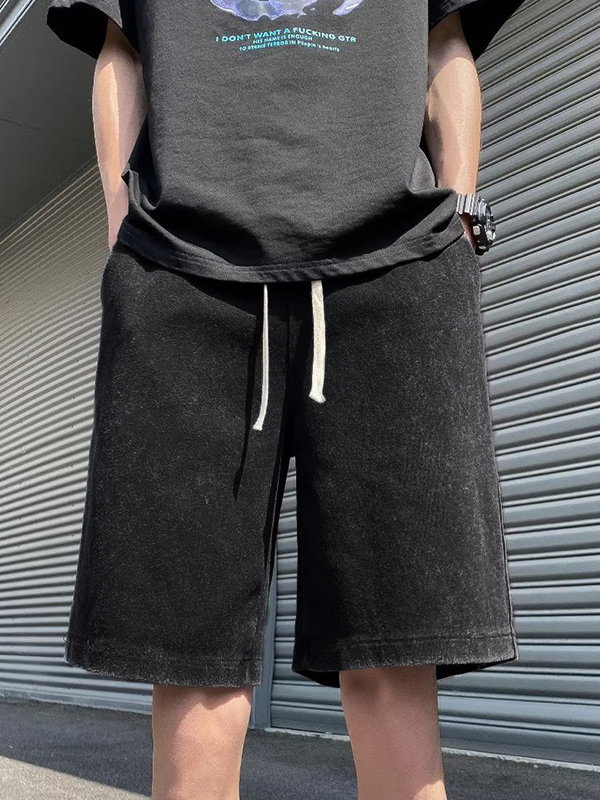 Shorts con cordón desgastados y lavado para hombre-1