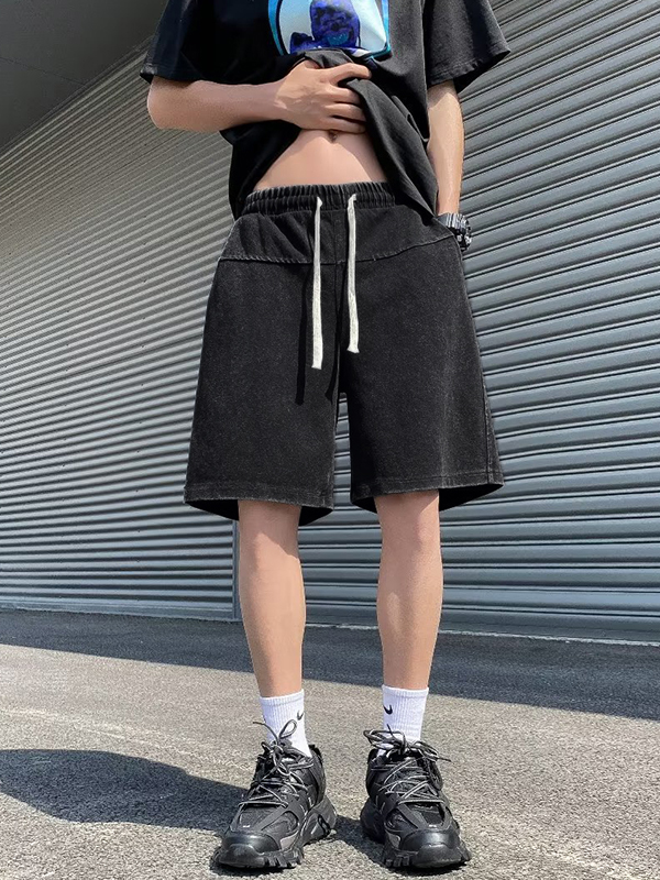 Shorts con cordón desgastados y lavado para hombre-2