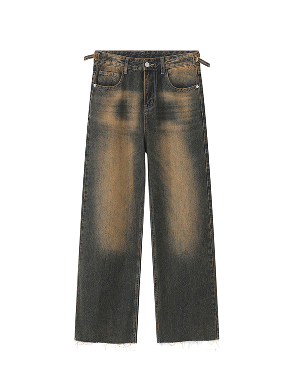 Vaqueros de pierna recta con ribete crudo desgastados vintage para hombre-4